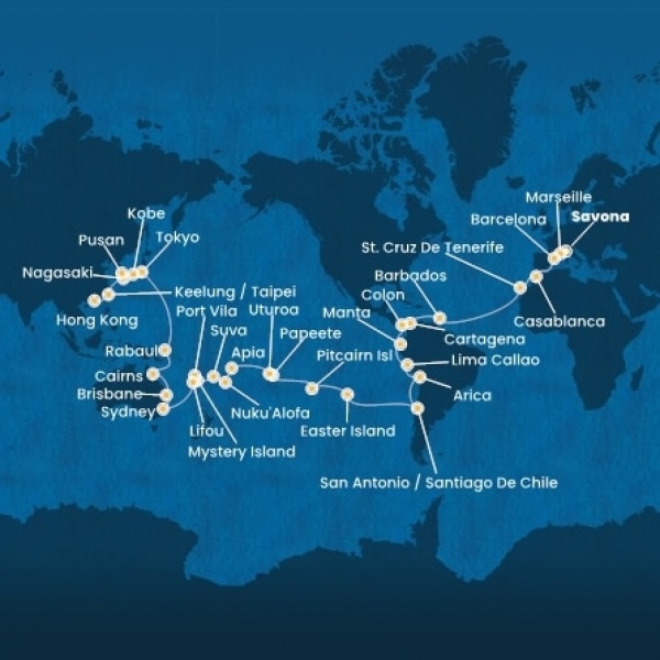 Costa Deliziosa - Olaszország, Franciaország, Spanyolország, Marokkó, Kanári-szigetek, Holland Antillák (ABC-szigetek), Kolumbia, Costa Rica, Panama, Chile, Francia Polinézia, Tonga, Fiji, Ausztrália, Japán
