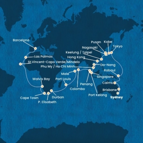 Costa Deliziosa - Ausztrália, Japán, South Korea, Taiwan, Kína, Vietnám, Szingapúr, Malajzia, Sri Lanka, Maldív-szigetek, Mauritius, South Africa, Namibia, Zöld-Foki Köztársaság, Kanári-szigetek