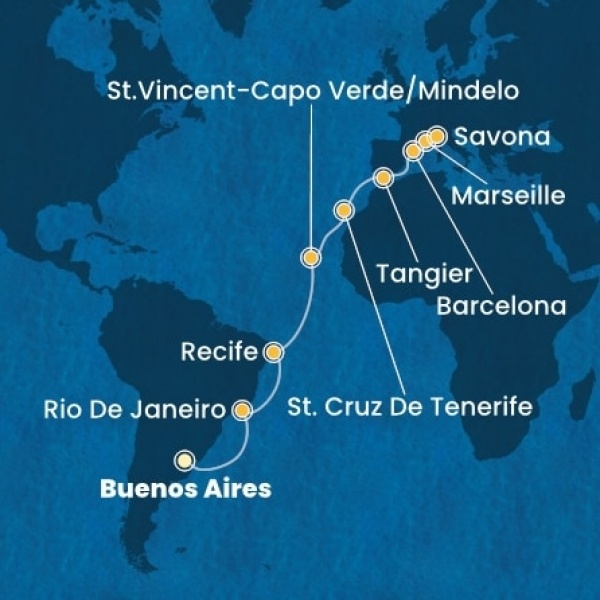 Costa Favolosa - Argentína, Brazília, Zöld-Foki Köztársaság, Kanári-szigetek, Marokkó, Spanyolország, Franciaország, Olaszország