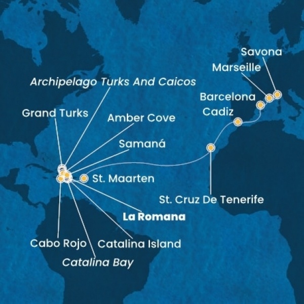 Costa Pacifica - Dominikai Köztársaság, Turks szigetek, Holland Antillák (ABC-szigetek), Kanári-szigetek, Spanyolország, Franciaország, Olaszország
