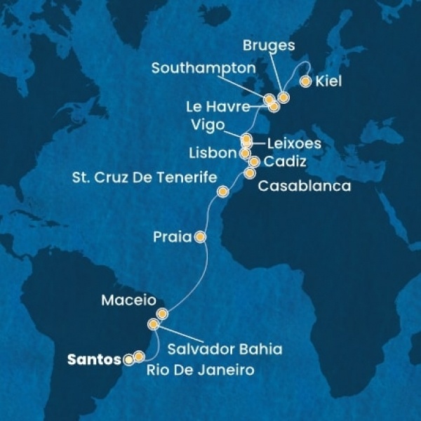 Costa Diadema - Brazília, Kanári-szigetek, Marokkó, Spanyolország, Portugália, Franciaország, Nagy-Britannia, Belgium, Németország