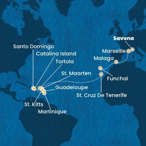 Costa Fascinosa - Olaszország, Franciaország, Spanyolország, Madeira, Kanári-szigetek, Holland Antillák (ABC-szigetek), Virgin szigetek, Dominikai Köztársaság