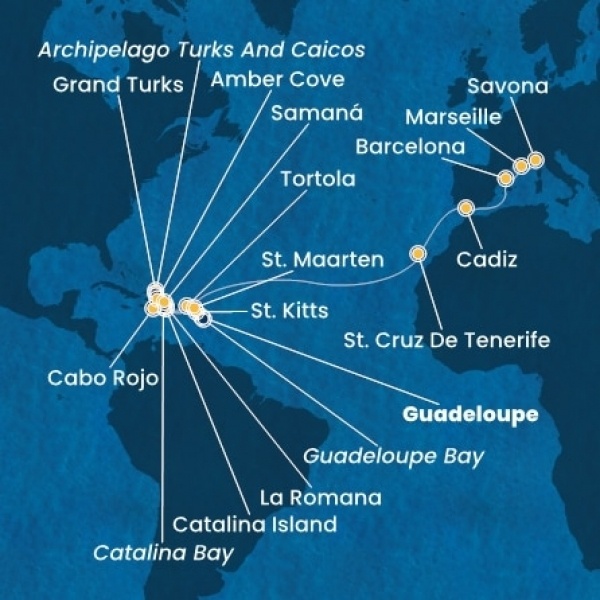 Costa Pacifica - Holland Antillák (ABC-szigetek), Virgin szigetek, Dominikai Köztársaság, Turks szigetek, Kanári-szigetek, Spanyolország, Franciaország, Olaszország