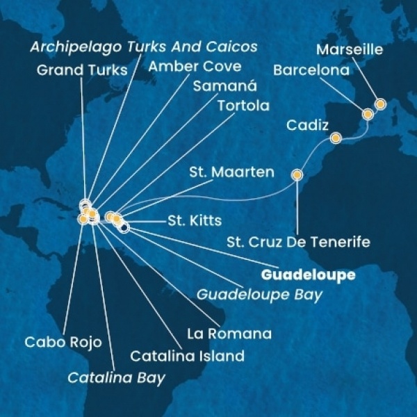 Costa Pacifica - Holland Antillák (ABC-szigetek), Virgin szigetek, Dominikai Köztársaság, Turks szigetek, Kanári-szigetek, Spanyolország, Franciaország
