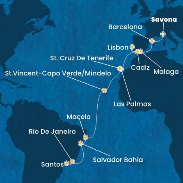 Costa Diadema - Olaszország, Spanyolország, Portugália, Kanári-szigetek, Zöld-Foki Köztársaság, Brazília