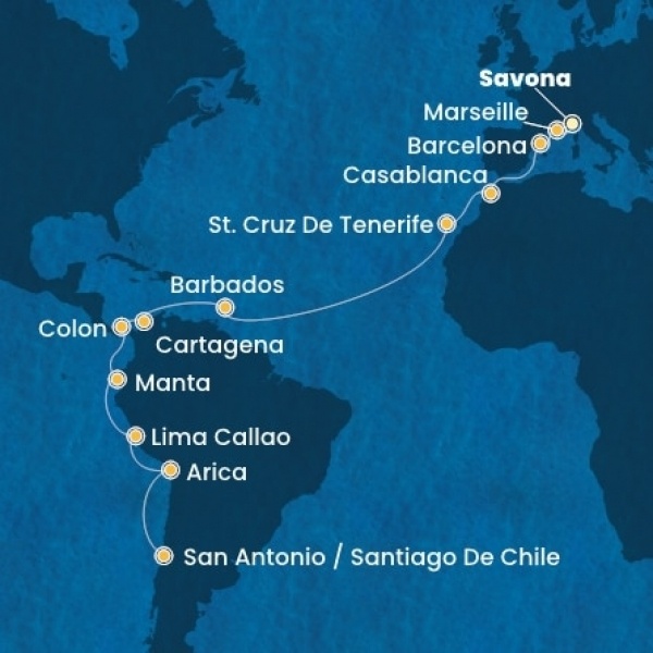Costa Deliziosa - Olaszország, Franciaország, Spanyolország, Marokkó, Kanári-szigetek, Holland Antillák (ABC-szigetek), Costa Rica, Kolumbia, Panama