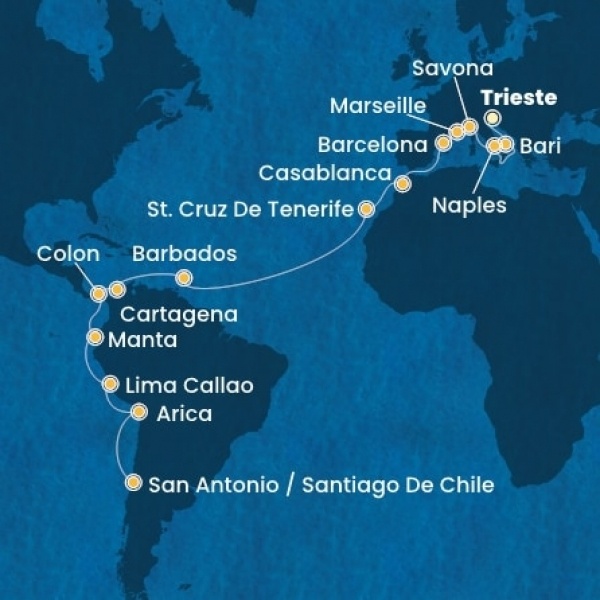 Costa Deliziosa - Olaszország, Franciaország, Spanyolország, Marokkó, Kanári-szigetek, Holland Antillák (ABC-szigetek), Costa Rica, Kolumbia, Panama