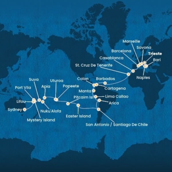 Costa Deliziosa - Olaszország, Franciaország, Spanyolország, Marokkó, Kanári-szigetek, Holland Antillák (ABC-szigetek), Kolumbia, Costa Rica, Panama, Chile, Francia Polinézia, Tonga, Fiji, Ausztrália