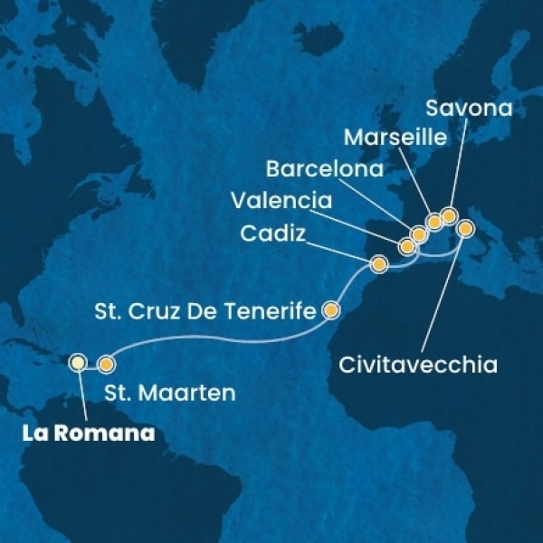 Costa Pacifica - Dominikai Köztársaság, Holland Antillák (ABC-szigetek), Kanári-szigetek, Spanyolország, Franciaország, Olaszország