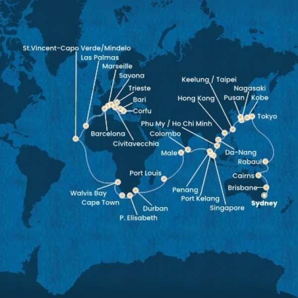 Costa Deliziosa - Ausztrália, Japán, South Korea, Taiwan, Kína, Vietnám, Szingapúr, Malajzia, Sri Lanka, Maldív-szigetek, Mauritius, South Africa, Namibia, Zöld-Foki Köztársaság, Olaszország