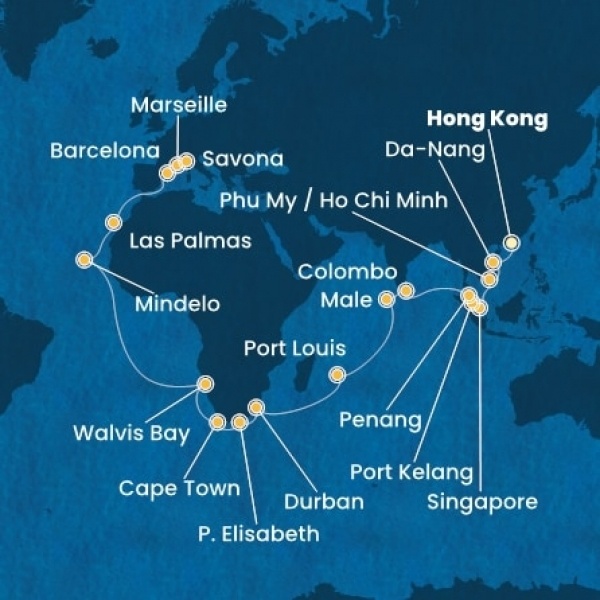 Costa Deliziosa - Kína, Vietnám, Szingapúr, Malajzia, Sri Lanka, Maldív-szigetek, Mauritius, South Africa, Namibia, Zöld-Foki Köztársaság, Kanári-szigetek, Spanyolország, Franciaország, Olaszország