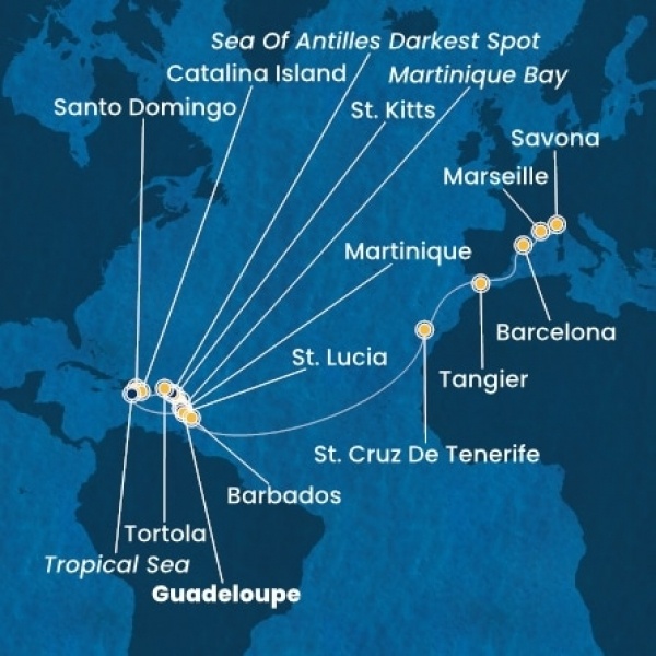Costa Fascinosa - Holland Antillák (ABC-szigetek), Virgin szigetek, Dominikai Köztársaság, Kanári-szigetek, Marokkó, Spanyolország, Franciaország, Olaszország