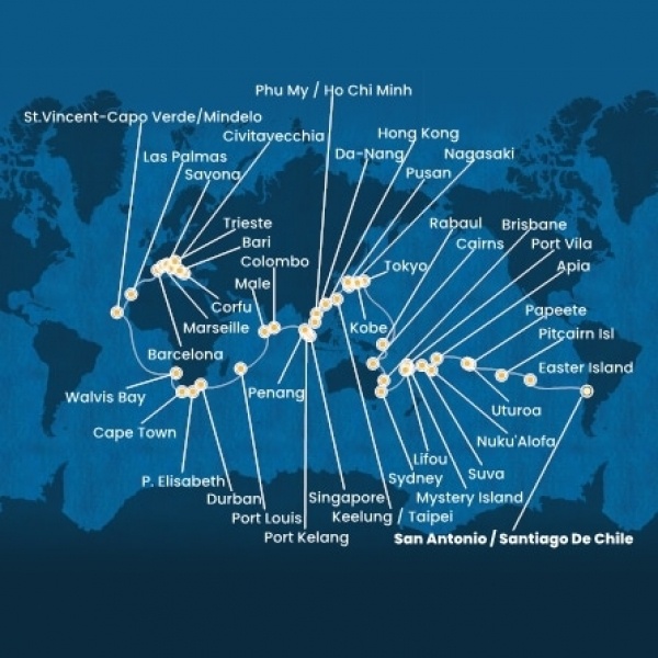 Costa Deliziosa - Chile, Francia Polinézia, Tonga, Fiji, Ausztrália, Japán, South Korea, Taiwan, Kína, Vietnám, Szingapúr, Malajzia, Sri Lanka, South Africa, Olaszország