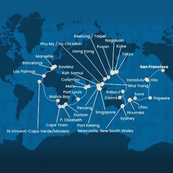Costa Deliziosa - Amerikai Egyesült Államok, Hawaii, Francia Polinézia, Fiji, Ausztrália, Japán, South Korea, Taiwan, Kína, Vietnám, Szingapúr, Malajzia, Sri Lanka, Maldív-szigetek, South Africa