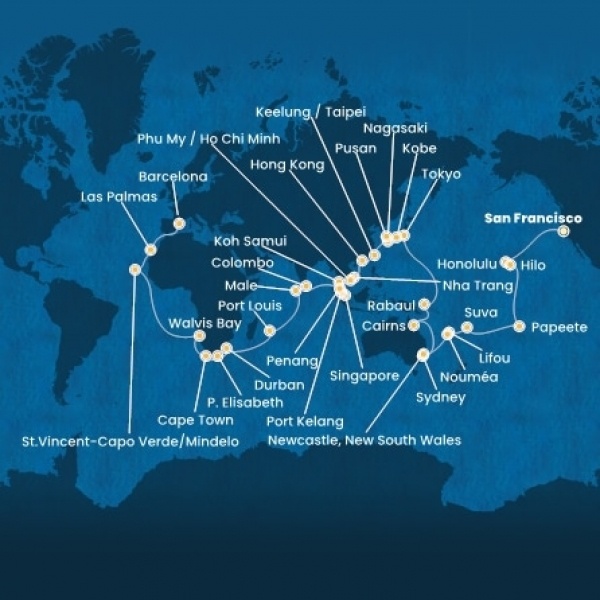 Costa Deliziosa - Amerikai Egyesült Államok, Hawaii, Francia Polinézia, Fiji, Ausztrália, Japán, South Korea, Taiwan, Kína, Vietnám, Szingapúr, Malajzia, Sri Lanka, Maldív-szigetek, South Africa
