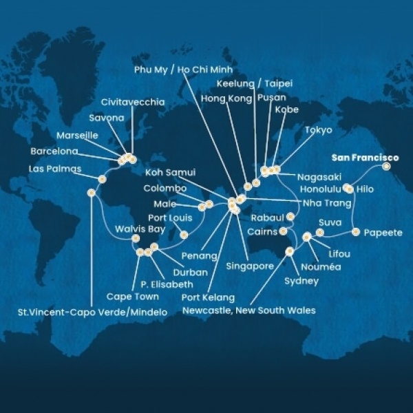 Costa Deliziosa - Amerikai Egyesült Államok, Hawaii, Francia Polinézia, Fiji, Ausztrália, Japán, South Korea, Taiwan, Kína, Vietnám, Szingapúr, Malajzia, Sri Lanka, South Africa, Olaszország