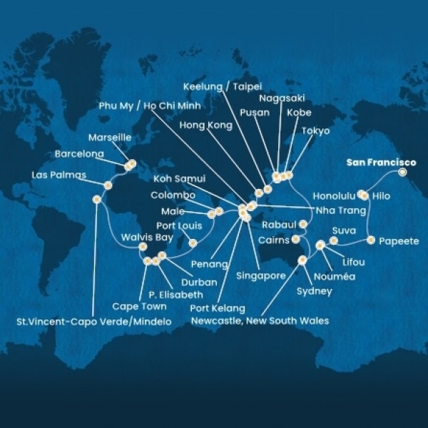 Costa Deliziosa - Amerikai Egyesült Államok, Hawaii, Francia Polinézia, Fiji, Ausztrália, Japán, South Korea, Taiwan, Kína, Vietnám, Szingapúr, Malajzia, Sri Lanka, Maldív-szigetek, South Africa