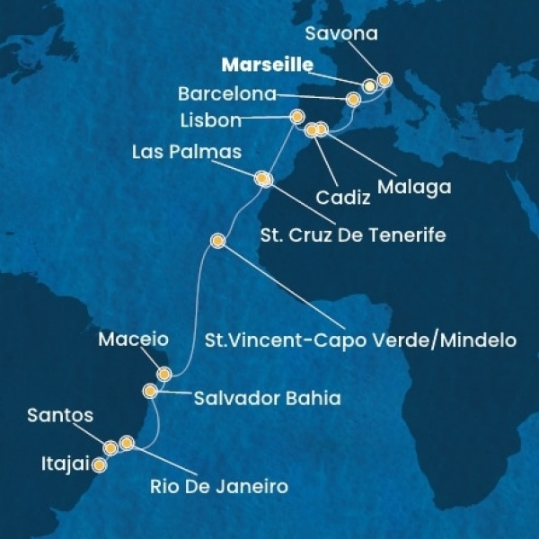 Costa Diadema - Franciaország, Olaszország, Spanyolország, Portugália, Kanári-szigetek, Zöld-Foki Köztársaság, Brazília