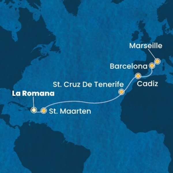 Costa Pacifica - Dominikai Köztársaság, Holland Antillák (ABC-szigetek), Kanári-szigetek, Spanyolország, Franciaország