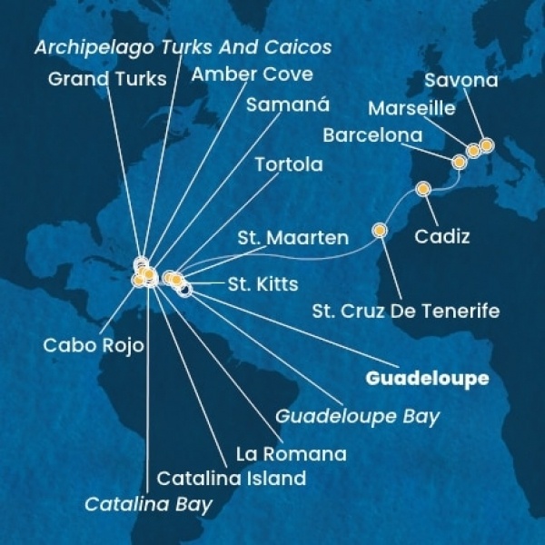 Costa Pacifica - Holland Antillák (ABC-szigetek), Virgin szigetek, Dominikai Köztársaság, Turks szigetek, Kanári-szigetek, Spanyolország, Franciaország, Olaszország