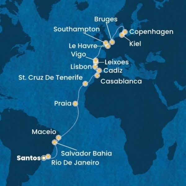 Costa Diadema - Brazília, Kanári-szigetek, Marokkó, Spanyolország, Portugália, Franciaország, Nagy-Britannia, Belgium, Németország, Dánia