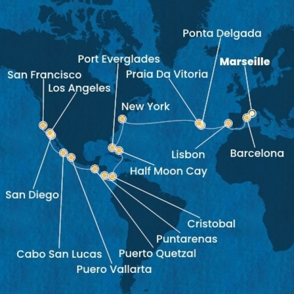 Costa Deliziosa - Franciaország, Spanyolország, Portugália, The Azores, Amerikai Egyesült Államok, Florida, Mexikó, Amerikai Egyesült Államok