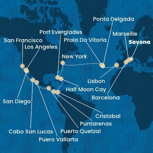 Costa Deliziosa - Olaszország, Franciaország, Spanyolország, Portugália, The Azores, Amerikai Egyesült Államok, Florida, Mexikó, Amerikai Egyesült Államok