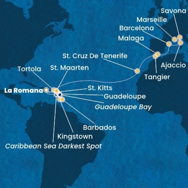Costa Fascinosa - Dominikai Köztársaság, Holland Antillák (ABC-szigetek), Virgin szigetek, Kanári-szigetek, Marokkó, Spanyolország, Corsica (France), Olaszország, Franciaország