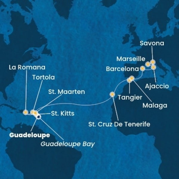 Costa Fascinosa - Holland Antillák (ABC-szigetek), Virgin szigetek, Dominikai Köztársaság, Kanári-szigetek, Marokkó, Spanyolország, Corsica (France), Olaszország, Franciaország