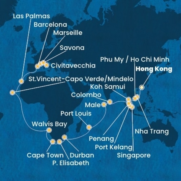 Costa Deliziosa - Kína, Vietnám, Szingapúr, Malajzia, Sri Lanka, Maldív-szigetek, Mauritius, South Africa, Namibia, Zöld-Foki Köztársaság, Kanári-szigetek, Spanyolország, Franciaország, Olaszország