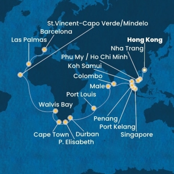 Costa Deliziosa - Kína, Vietnám, Szingapúr, Malajzia, Sri Lanka, Maldív-szigetek, Mauritius, South Africa, Namibia, Zöld-Foki Köztársaság, Kanári-szigetek, Spanyolország