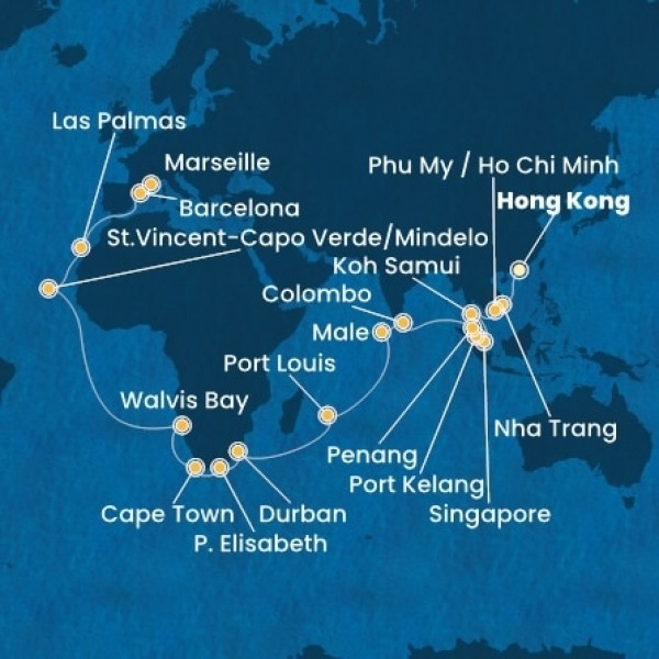 Costa Deliziosa - Kína, Vietnám, Szingapúr, Malajzia, Sri Lanka, Maldív-szigetek, Mauritius, South Africa, Namibia, Zöld-Foki Köztársaság, Kanári-szigetek, Spanyolország, Franciaország