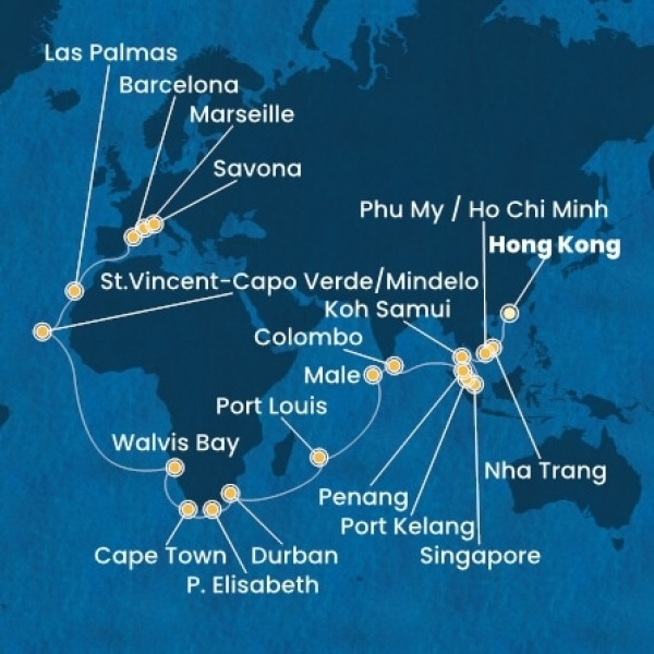 Costa Deliziosa - Kína, Vietnám, Szingapúr, Malajzia, Sri Lanka, Maldív-szigetek, Mauritius, South Africa, Namibia, Zöld-Foki Köztársaság, Kanári-szigetek, Spanyolország, Franciaország, Olaszország