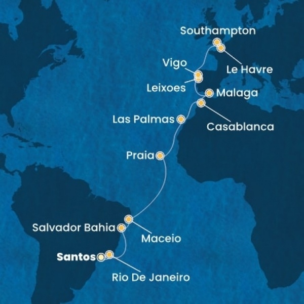 Costa Diadema - Brazília, Kanári-szigetek, Marokkó, Spanyolország, Portugália, Franciaország, Nagy-Britannia