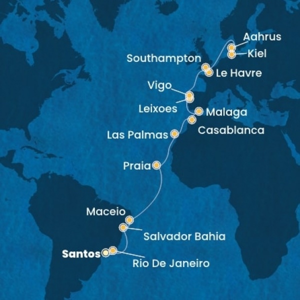 Costa Diadema - Brazília, Kanári-szigetek, Marokkó, Spanyolország, Portugália, Franciaország, Nagy-Britannia, Dánia, Németország