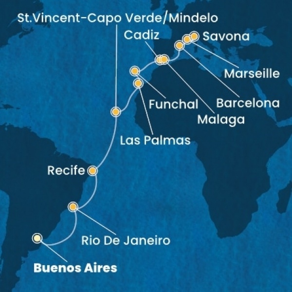 Costa Serena - Argentína, Brazília, Zöld-Foki Köztársaság, Kanári-szigetek, Madeira, Spanyolország, Franciaország, Olaszország