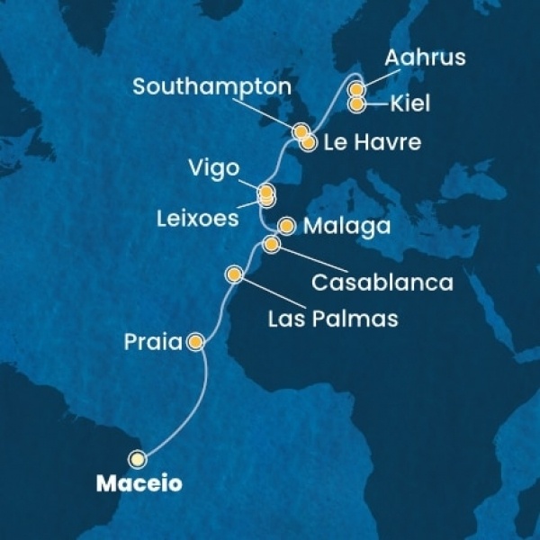 Costa Diadema - Brazília, Kanári-szigetek, Marokkó, Spanyolország, Portugália, Franciaország, Nagy-Britannia, Dánia, Németország