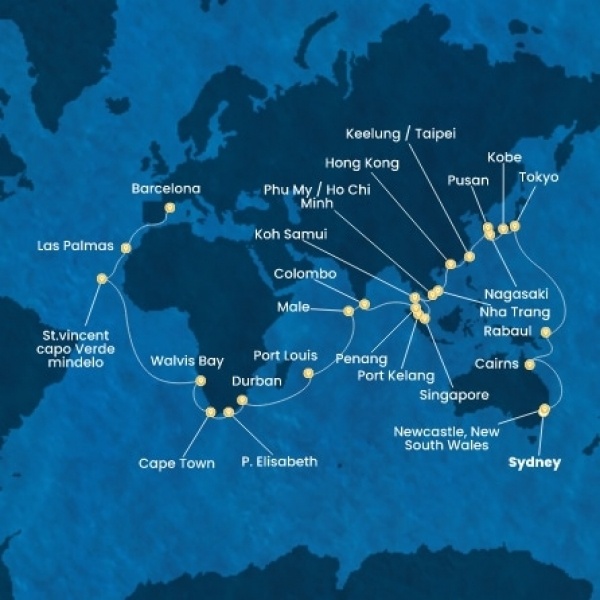 Costa Deliziosa - Ausztrália, Japán, South Korea, Taiwan, Kína, Vietnám, Szingapúr, Malajzia, Sri Lanka, Maldív-szigetek, Mauritius, South Africa, Namibia, Zöld-Foki Köztársaság, Kanári-szigetek
