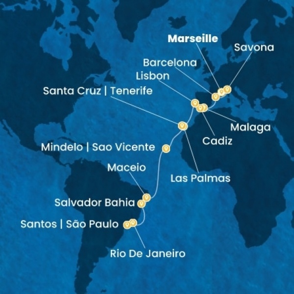 Costa Diadema - Franciaország, Olaszország, Spanyolország, Portugália, Kanári-szigetek, Zöld-Foki Köztársaság, Brazília