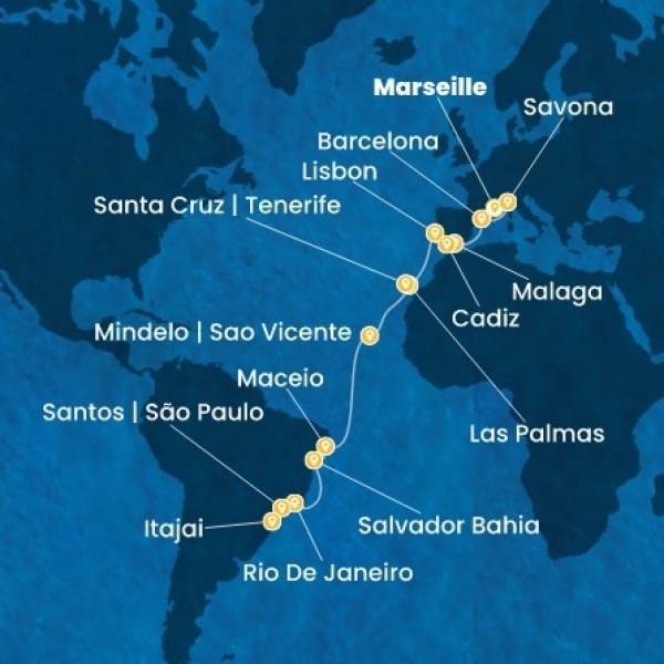 Costa Diadema - Franciaország, Olaszország, Spanyolország, Portugália, Kanári-szigetek, Zöld-Foki Köztársaság, Brazília