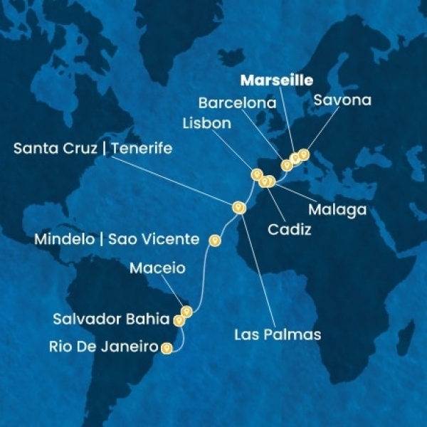 Costa Diadema - Franciaország, Olaszország, Spanyolország, Portugália, Kanári-szigetek, Zöld-Foki Köztársaság, Brazília