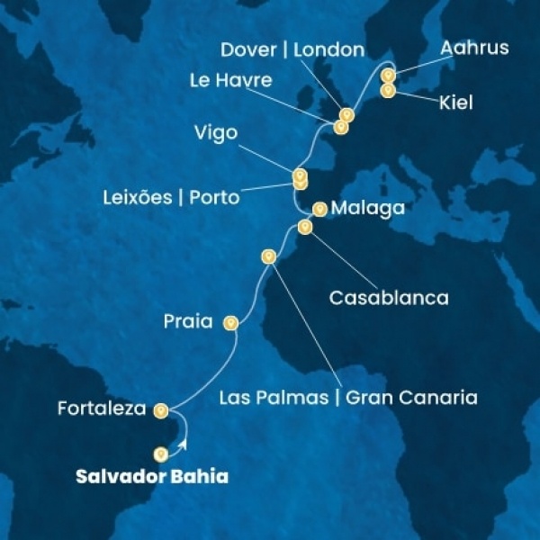 Costa Diadema - Brazília, Kanári-szigetek, Marokkó, Spanyolország, Portugália, Franciaország, Nagy-Britannia, Dánia, Németország