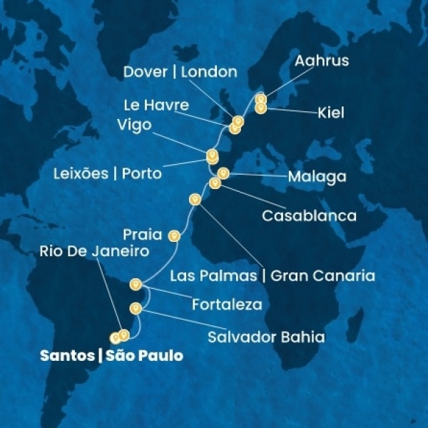 Costa Diadema - Brazília, Kanári-szigetek, Marokkó, Spanyolország, Portugália, Franciaország, Nagy-Britannia, Dánia, Németország