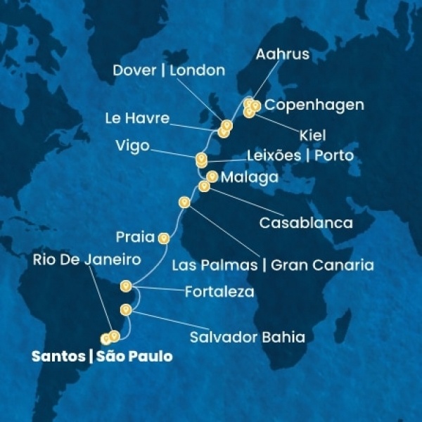 Costa Diadema - Brazília, Kanári-szigetek, Marokkó, Spanyolország, Portugália, Franciaország, Nagy-Britannia, Dánia, Németország